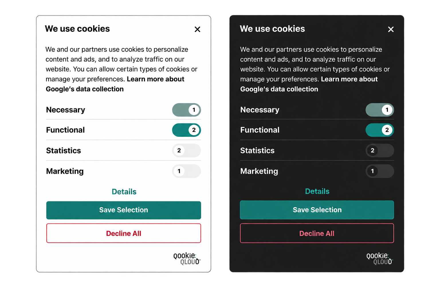 QookieQloud dark/light consent panel showing cookie categories, Save Selection and Decline All.